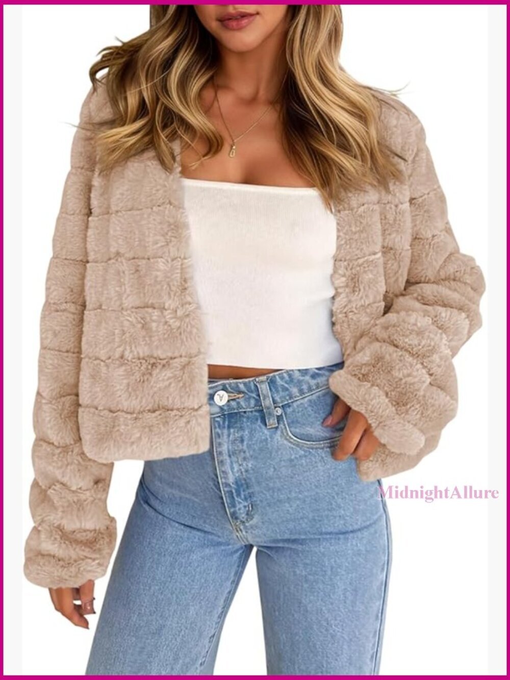 Cropped Faux Fur Jacket Long Sleeve Open Front Fluffy Coat Women's